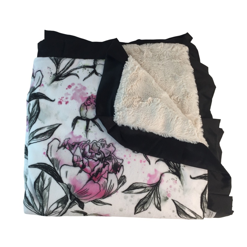 Minky Couture Blanket Adult 50x60 White Pink Peony Floral‎ Black Satin Trim